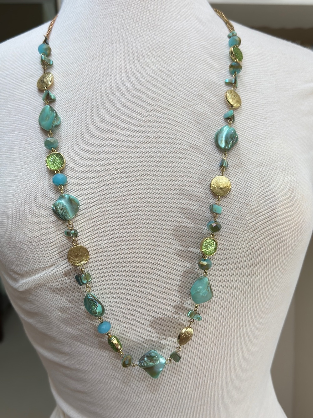 Long Turquoise Green Gold Tone Beaded Statement Coastal Cowgirl Necklace